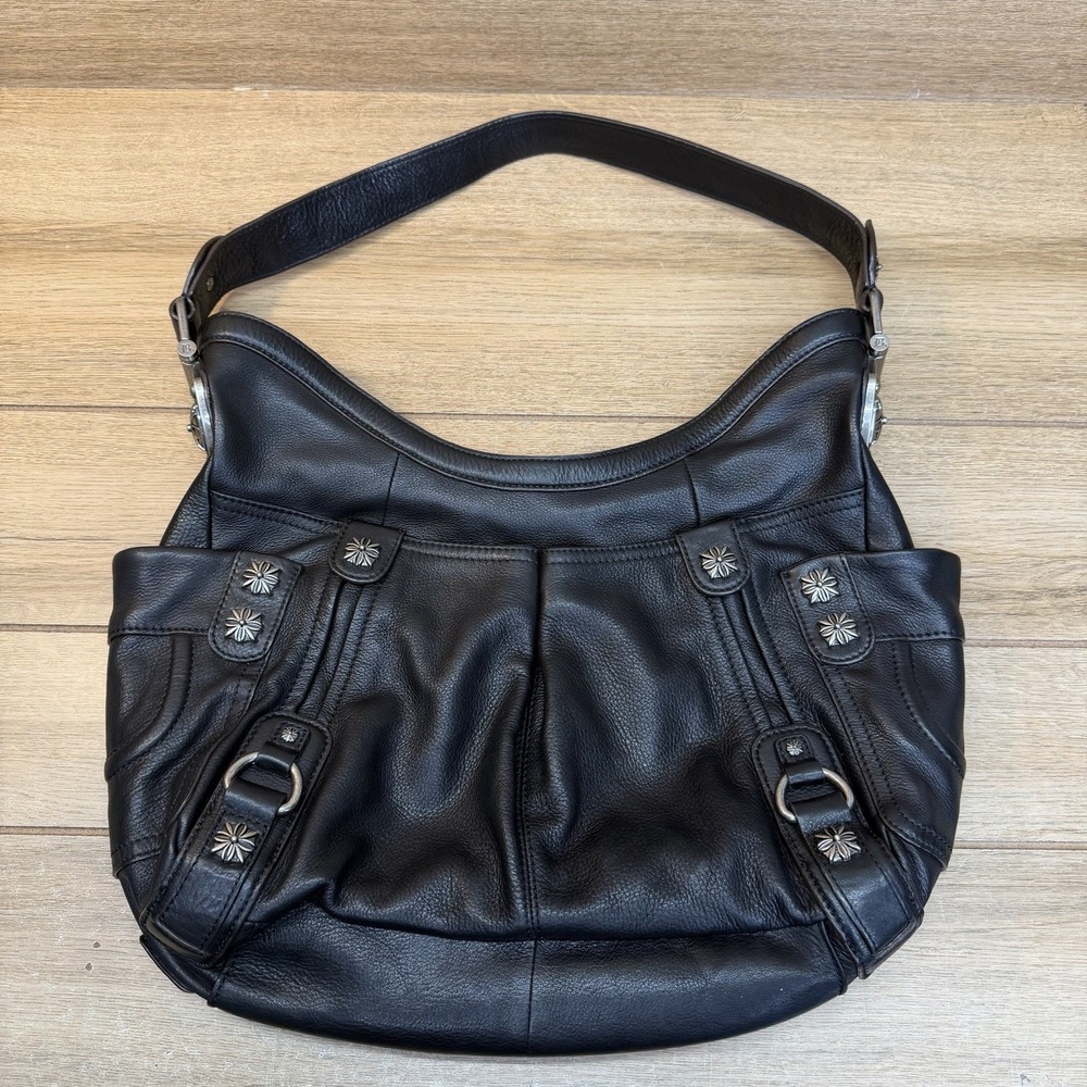 B. Makowsky Black Leather Hobo Bag Studded Goth Rocker Grunge Moto Shoulder Vtg